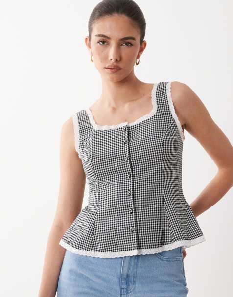 Nobody's Child Deia cotton contrast trim button through peplum top in black and white gingham - view 1