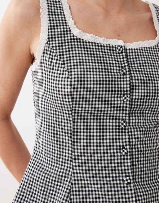 Nobody's Child Deia cotton contrast trim button through peplum top in black and white gingham, 3 of 4