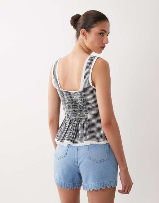 Nobody's Child Deia cotton contrast trim button through peplum top in black and white gingham, 4 of 4
