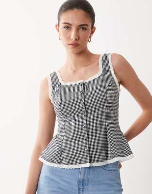 Deia - Top boutonné en coton à carreaux vichy avec basque et bordures contrastantes - Noir et blanc 40