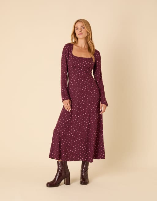 Nobody's Child Delilah long sleeve midi dress in plum polka dot