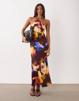 Nobody's Child Delphi Bias Cut Halter Neck Detail Satin Maxi Dress In Multi