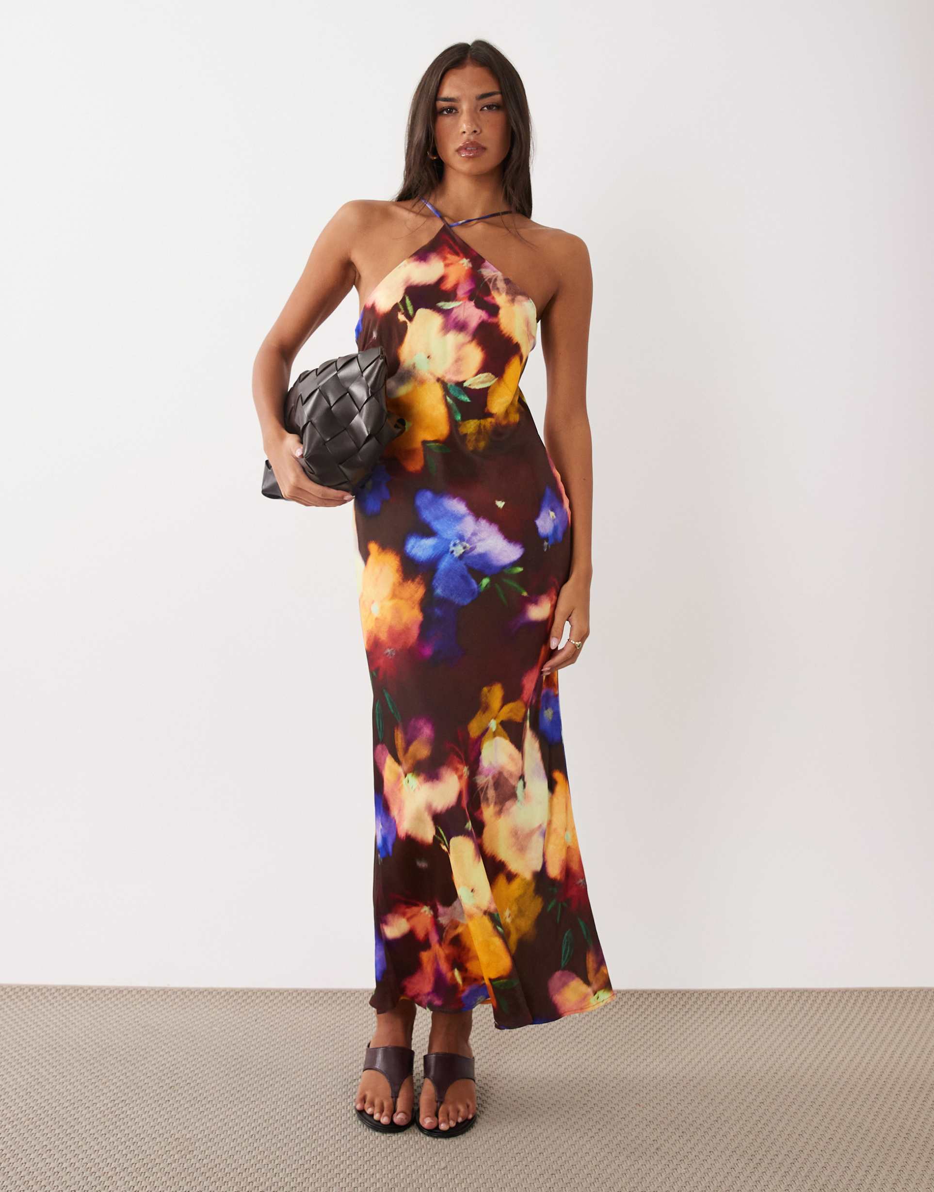 nobody's child delphi bias cut halter neck detail satin maxi dress in burgundy abstract floral