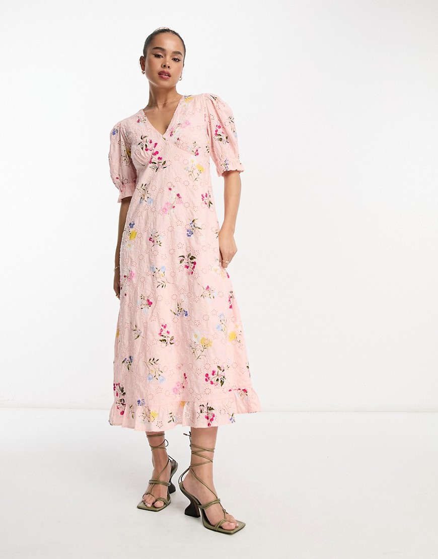 Nobody’s Child Demi puff sleeve broderie midi dress in blush floral-Pink