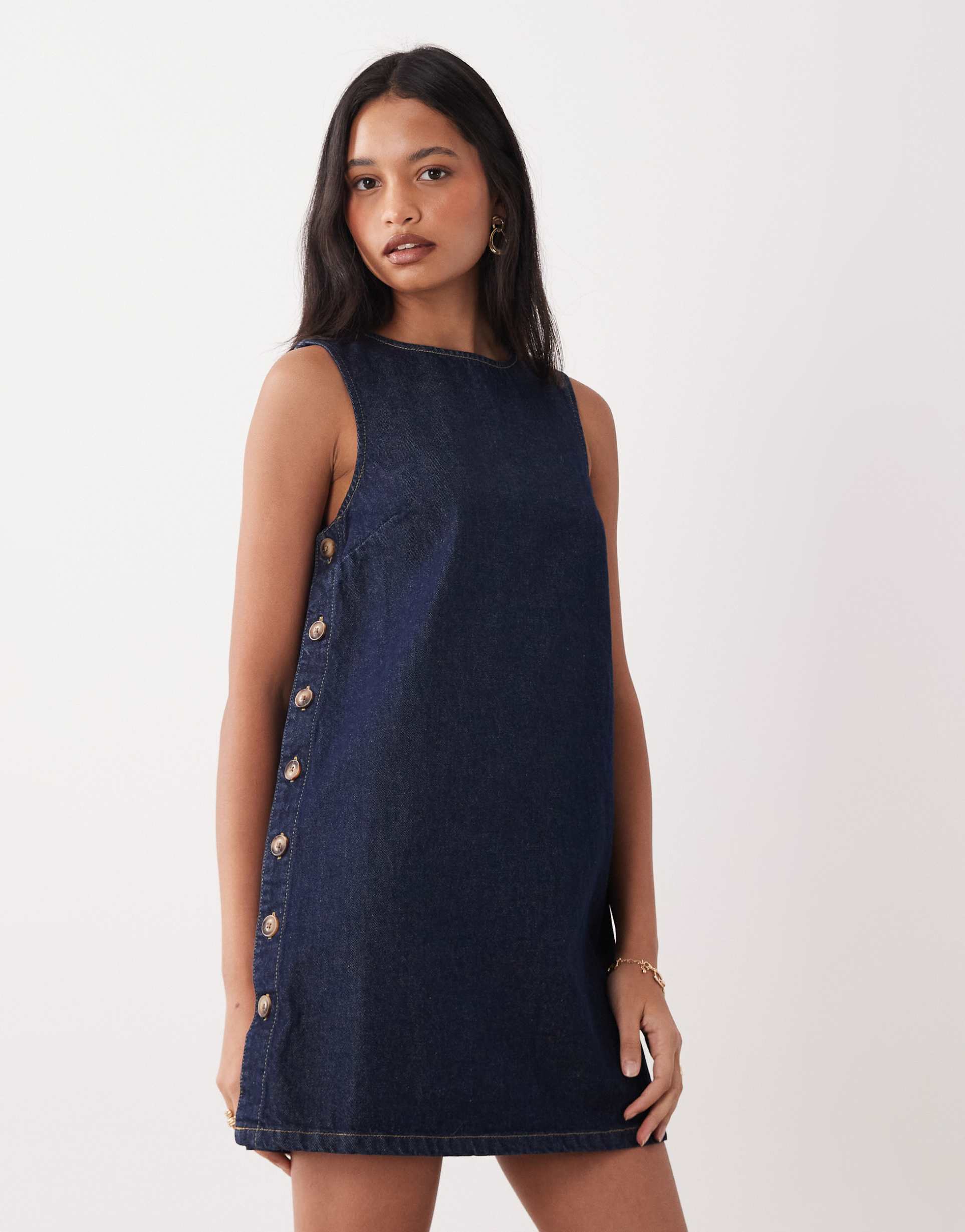 nobody's child denim button detail pinafore dress in dark denim