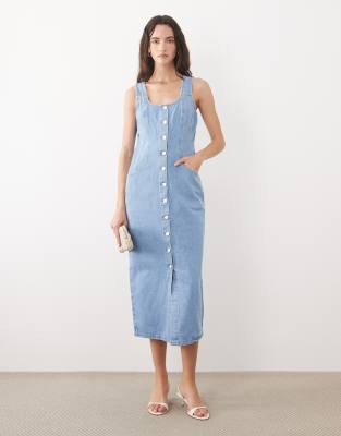 Nobody's Child Denim Button Down Fitted Midi Dress In Blue