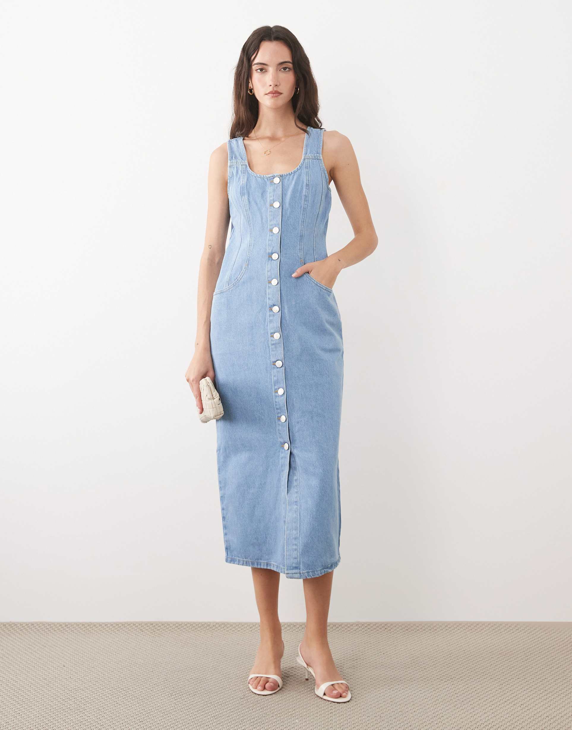 nobody's child denim button down fitted midi dress in light wash blue