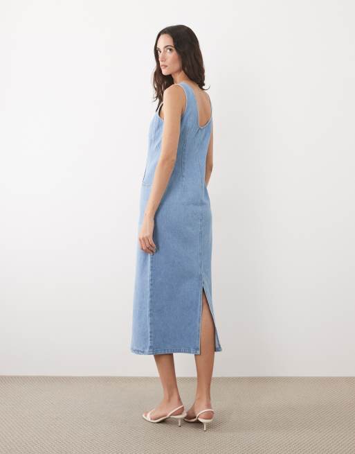 Nobody's Child denim button down fitted midi dress in light wash blue, 4 of 4