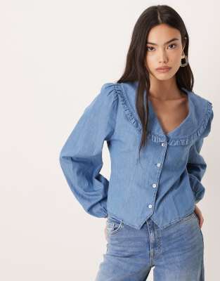 Nobody's Child Denim Frill Oversized Collar Tie Back Shirt In Blue
