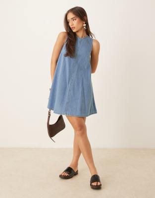 Nobody's Child denim swing dress with cut-out back in light blue