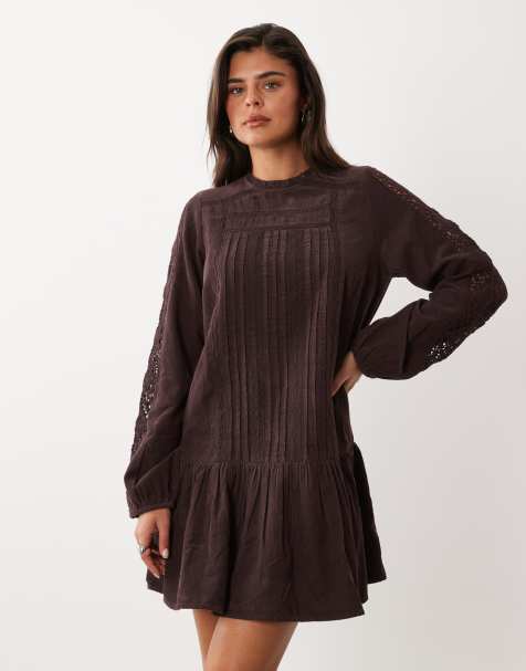 Nobody's Child Denise pointelle high neck panelled peplum hem mini dress in brown - view 1