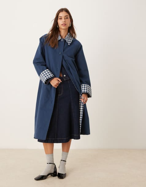 Nobody's Child Diola car coat with contrast check in navy - view 1