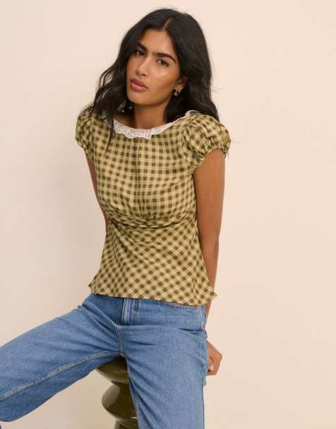 Nobody's Child Dione round neck lace trim puff sleeve top in green gingham - view 1