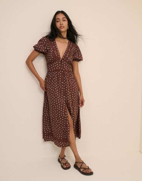 Nobody's Child Ditsy floral button front frances midi dress in brown - view 1
