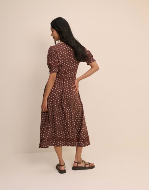 Nobody's Child Ditsy floral button front frances midi dress in brown, 2 of 5