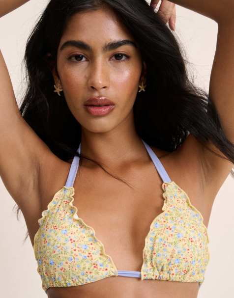 Nobody's Child Ditsy floral frill edge bikini top in yellow