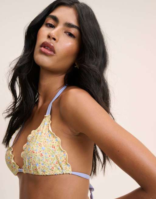 Nobody's Child Ditsy floral frill edge bikini top in yellow, 3 of 5