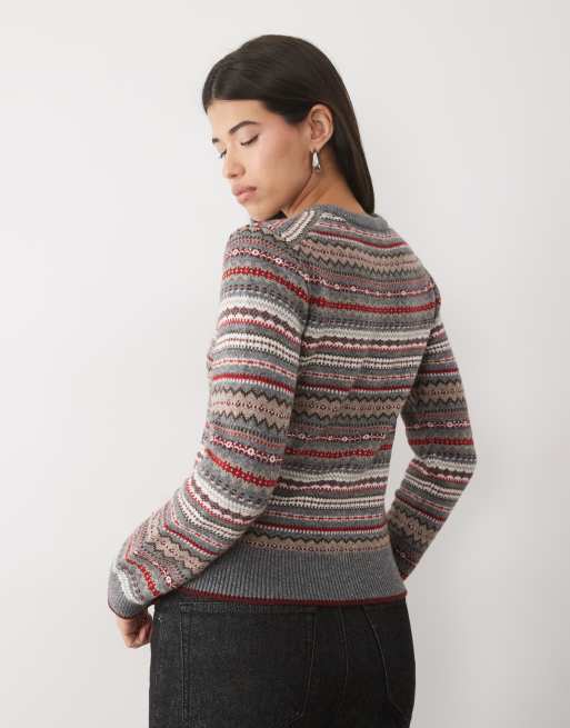 Nobody's Child Ditsy wool blend round neck cardigan in gray fairisle, 3 of 4