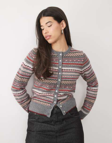Nobody's Child Ditsy wool blend round neck cardigan in grey fairisle - view 1