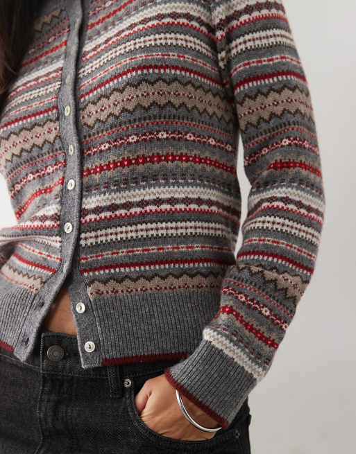 Nobody's Child Ditsy wool blend round neck cardigan in grey fairisle, 4 of 4
