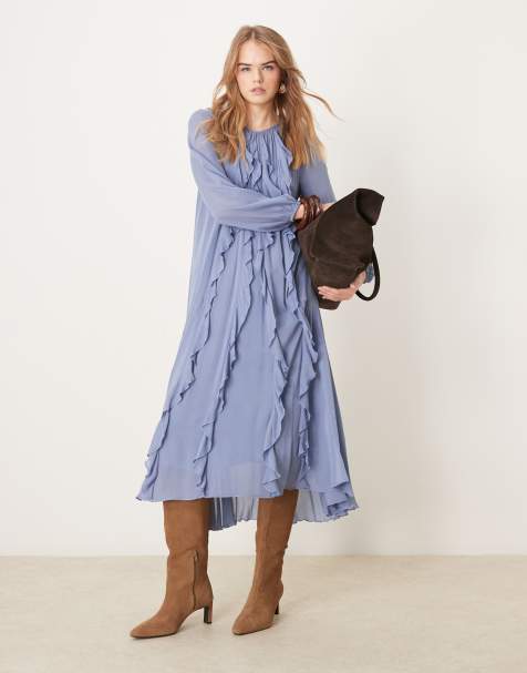 Nobody's Child – Dixie – Bladoniebieska sukienka midi z falbankami w stylu boho - view 1