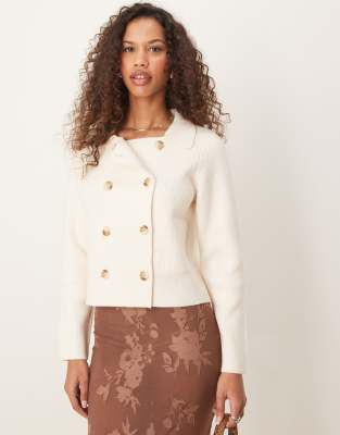 double breasted collar cardigan in cream-White