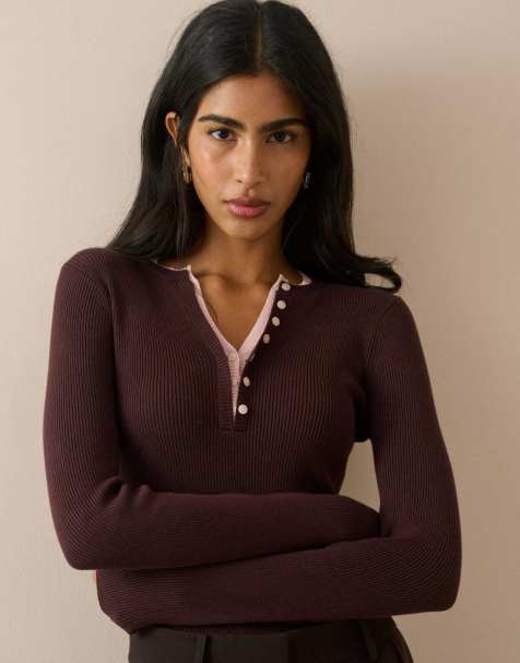 Nobody's Child Double layer rib henley top in brown - view 1