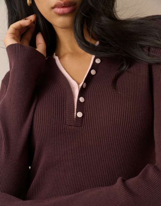 Nobody's Child Double layer rib henley top in brown, 3 of 5