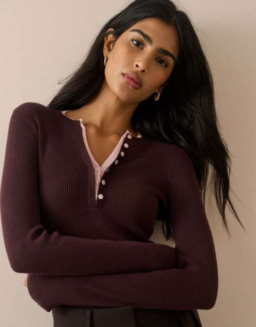 Nobody's Child Double layer rib henley top in brown, 5 of 5