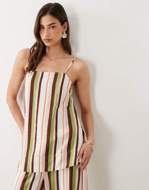 Nobody's Child Dua linen blend square neck longline cami top in multi stripes - part of a set - view 1