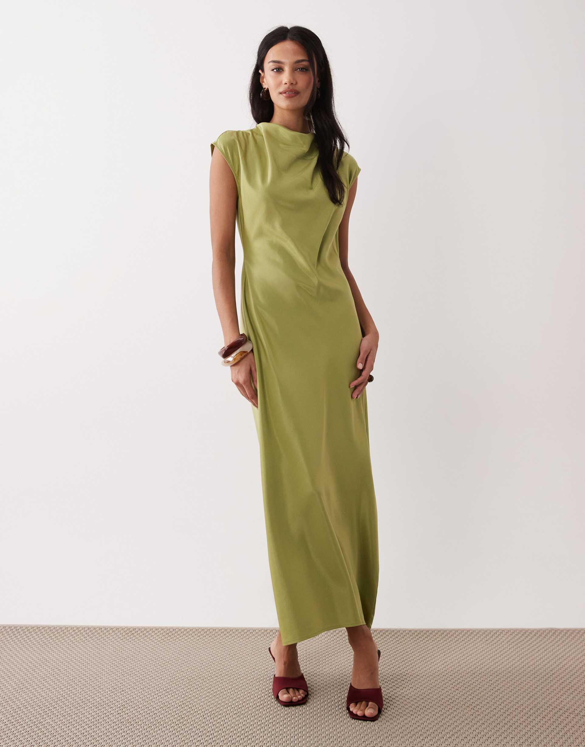 nobody's child eden cap sleeve cowl neck satin midaxi dress in olive