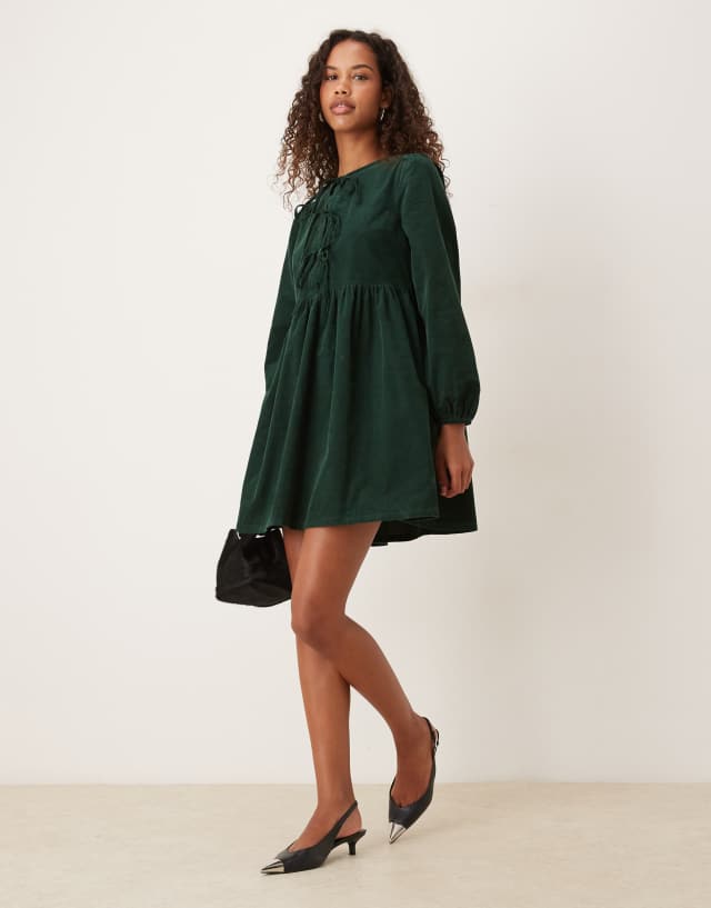 dark green smock dress Nobody's Child Eden cord triple bow mini in Boho Wedding Guest Dresses Color:DARK OAK MICRO STRIPE satin-cotton-shirt Long sleeve this long