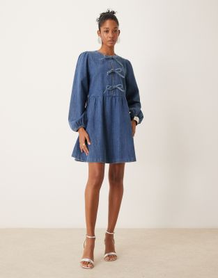 Eden tie-detail denim mini dress in blue