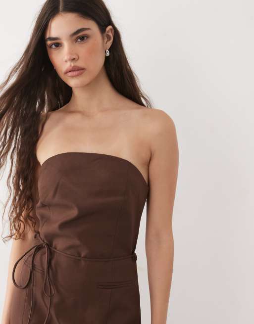 Nobody's Child – Elegantes, trägerloses Midikleid in Schokobraun mit Bindedetail, 2 von 4