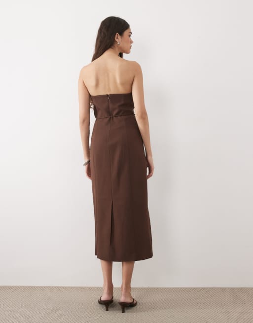 Nobody's Child – Elegantes, trägerloses Midikleid in Schokobraun mit Bindedetail, 4 von 4