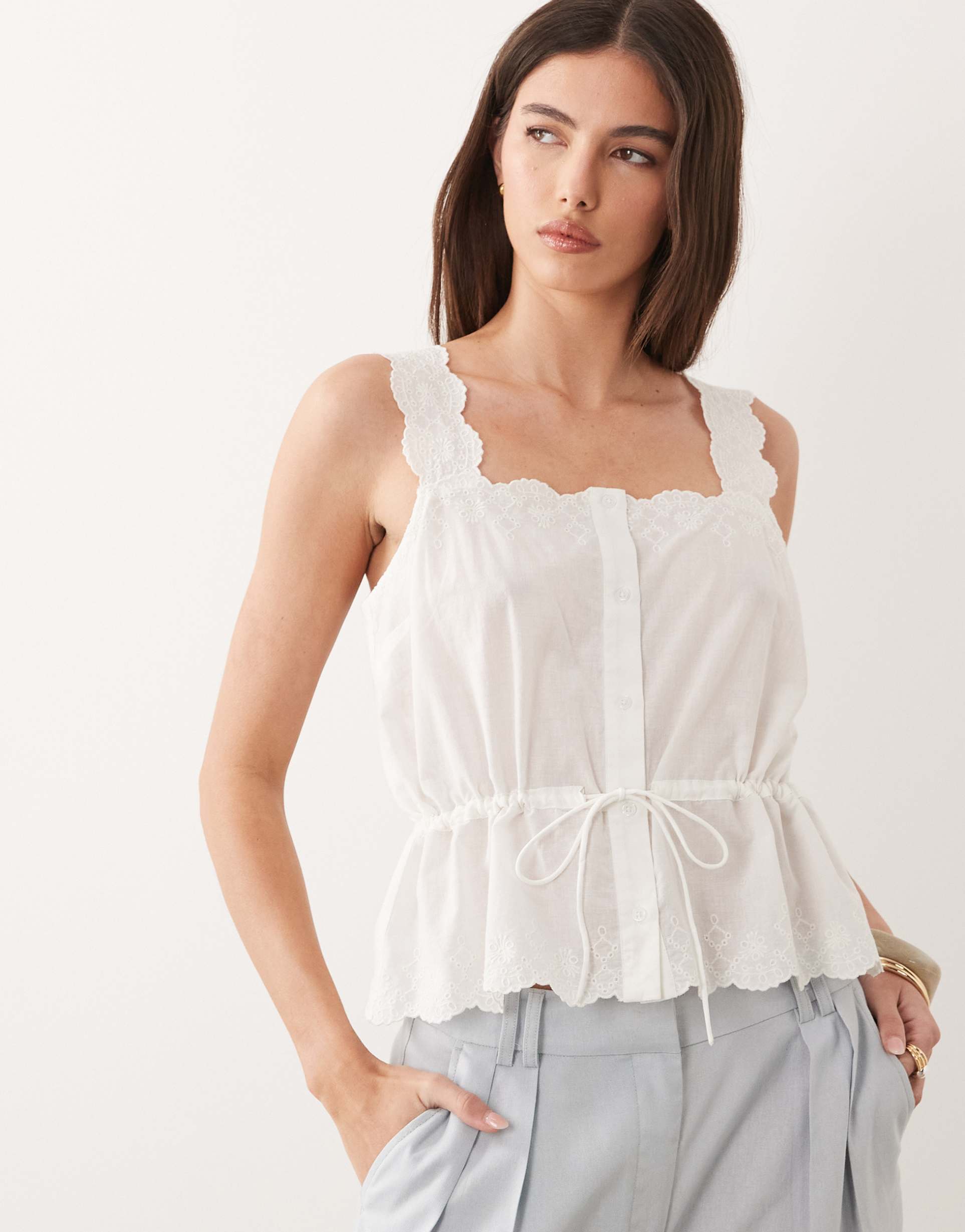 nobody's child elena cotton rich square neck broderie detail tie waist cami top in white