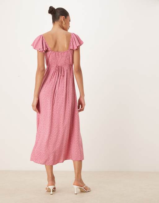 Nobody's Child – Elise – Rosa, rosenknoppsmönstrad midiklänning med utsvängda ärmar, 3 av 4
