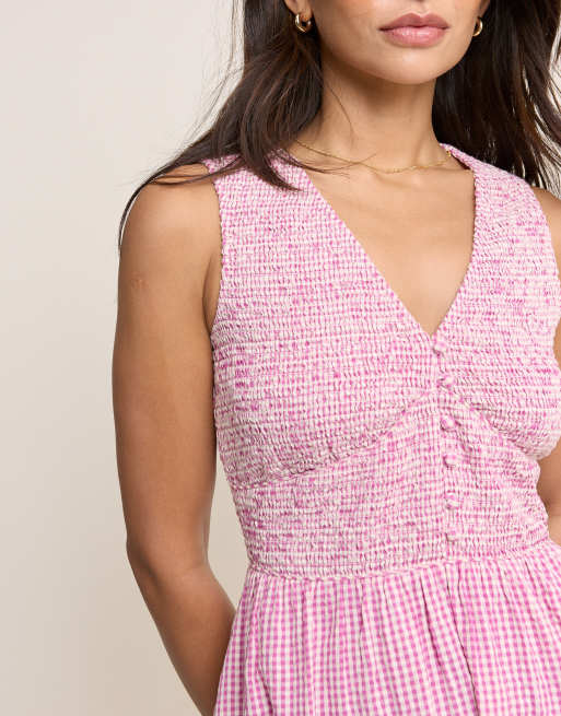 Nobody's Child - Eliza - Lyserød midikjole i bomuld med rynket overdel og gingham-tern, 3 af 4