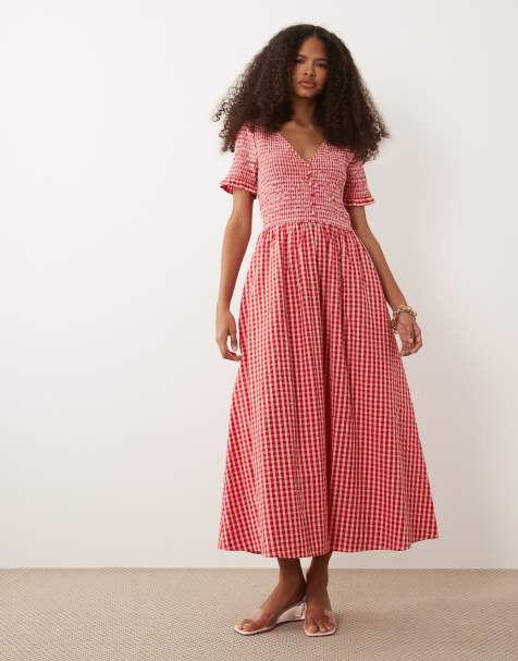 Nobody's Child - Eliza - Midi jurk van katoen met V-hals, korte mouwen en gesmokt lijfje in rode gingham ruit - view 1