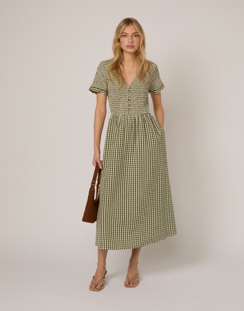 Nobody's Child - Eliza - Midi jurk van katoen met V-hals, korte mouwen en gingham ruit in groen - view 1