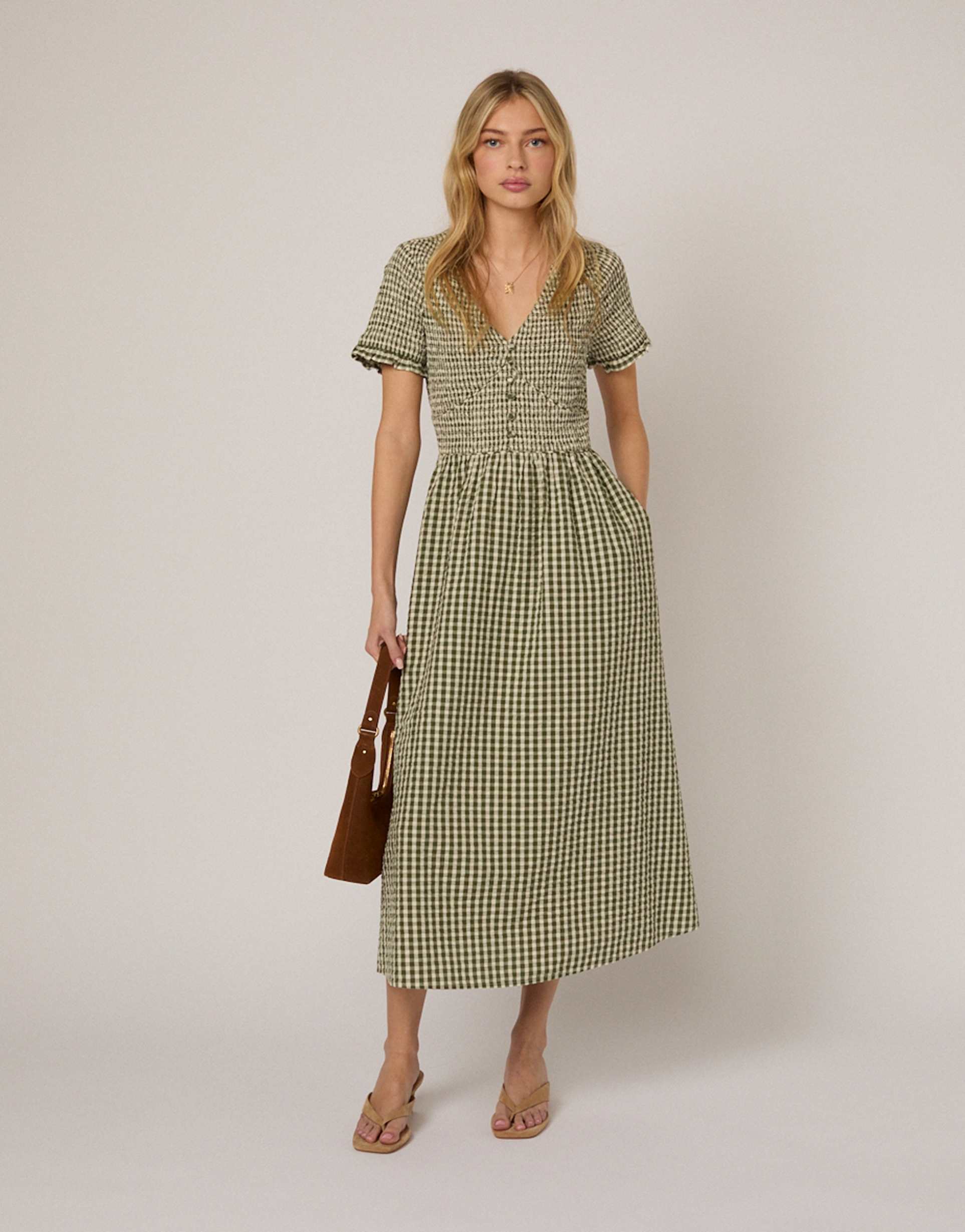 nobody's child eliza v-neck short sleeve midi dress in green gingham
