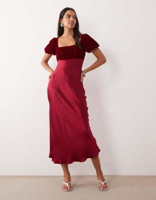 Nobody's Child Elizabeth Velvet Square Neck Puff Sleeve Satin Midi Dress In Red