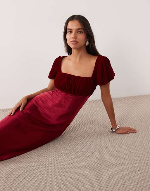 Nobody's Child Elizabeth velvet square neck puff sleeve satin midi