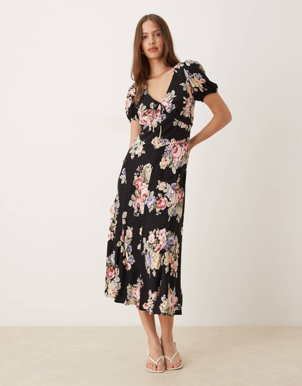 Nobody's Child Ella puff sleeve midi dress in black floral
