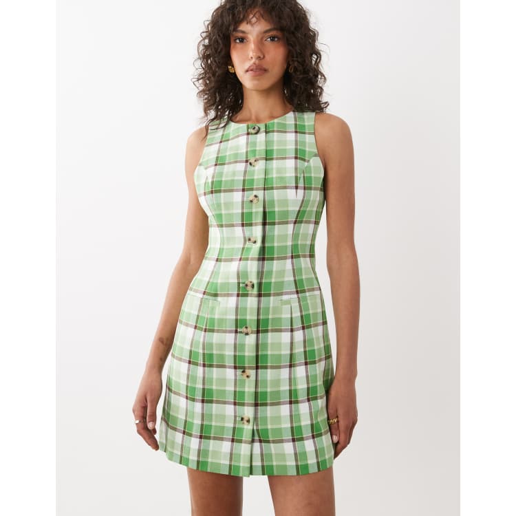 Nobody's Child Ellie linen look button down sleeveless vest mini dress in green  plaid | ASOS