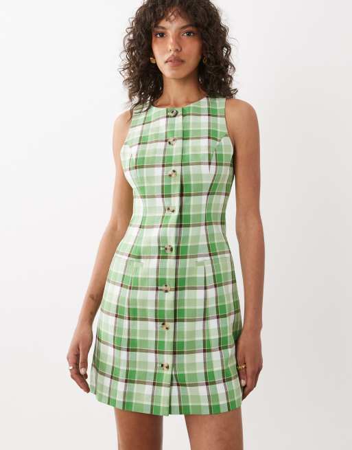 Nobody's Child Ellie linen look button down sleeveless vest mini dress in  green plaid | ASOS
