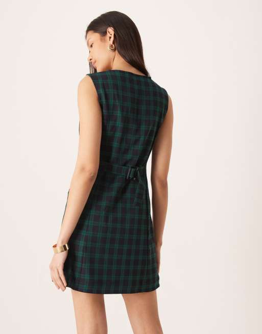 Nobody's Child Ellie tailored button front pinafore dress in green check |  ASOS