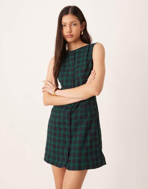 Nobody's Child Ellie tailored button front pinafore dress in green check |  ASOS