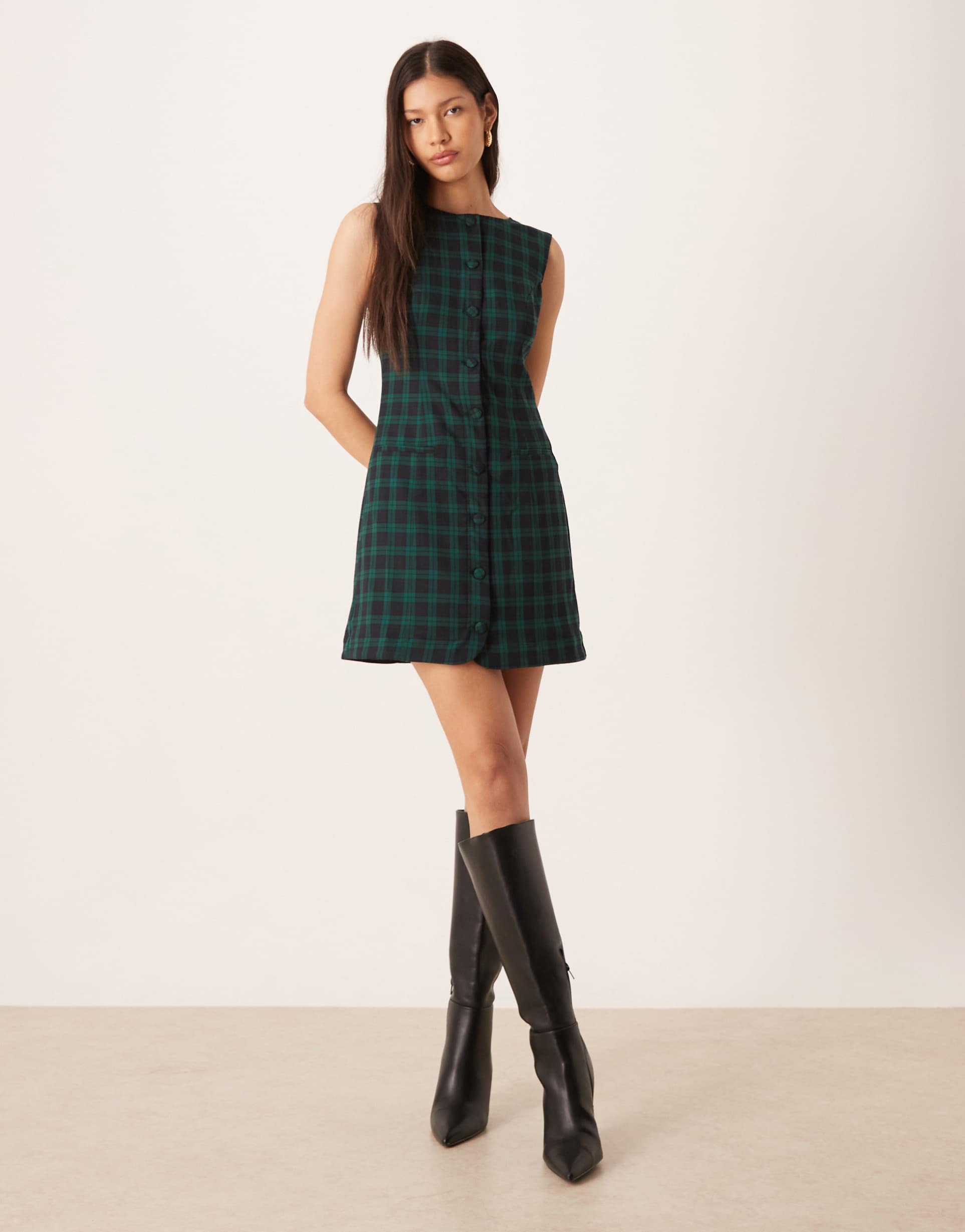 nobody's child ellie tailored button front pinafore dress in green plaid