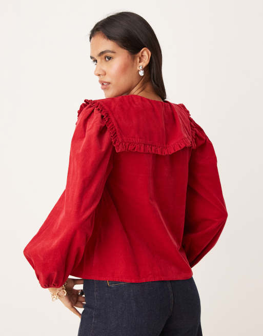 Nobody's Child - Eloise - Aangerimpelde blouse met kraag in rood, 4 van 4